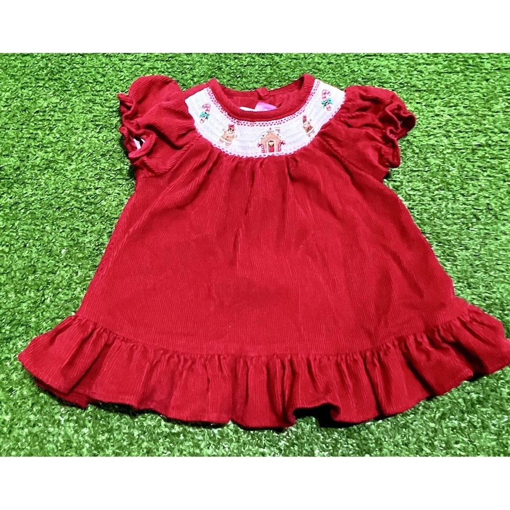 Vintage Good Lad Baby Girl Christmas Dress 6M Smocked Corduroy Gingerbread Theme